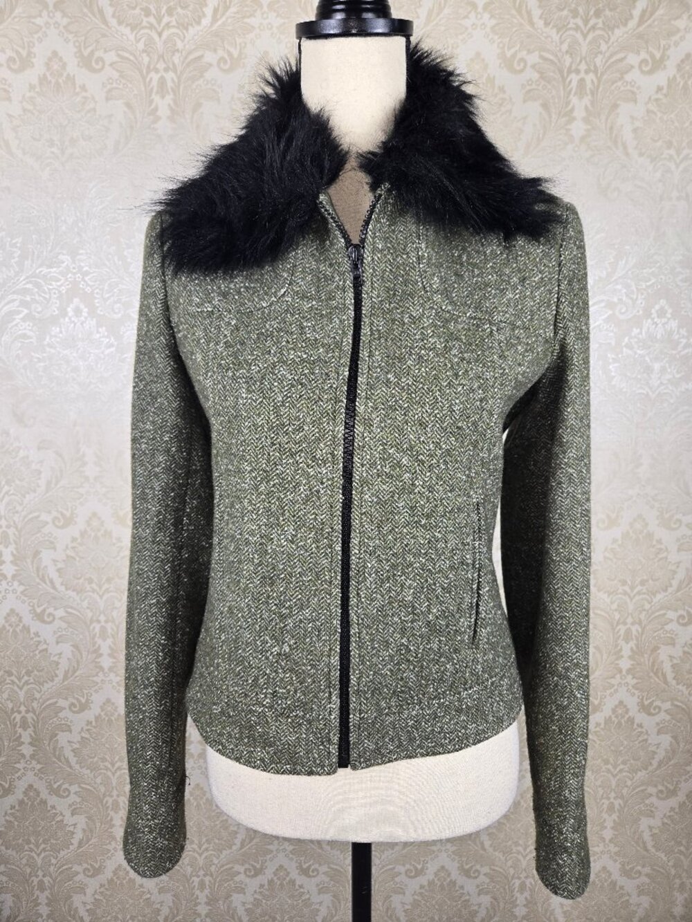 Italian Size 42 (US Small) Green White Tweed Zip Front Jacket Wool/Cashmere Bld